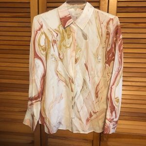 Lafayette New York 148 Cream and Beige print button down blouse .